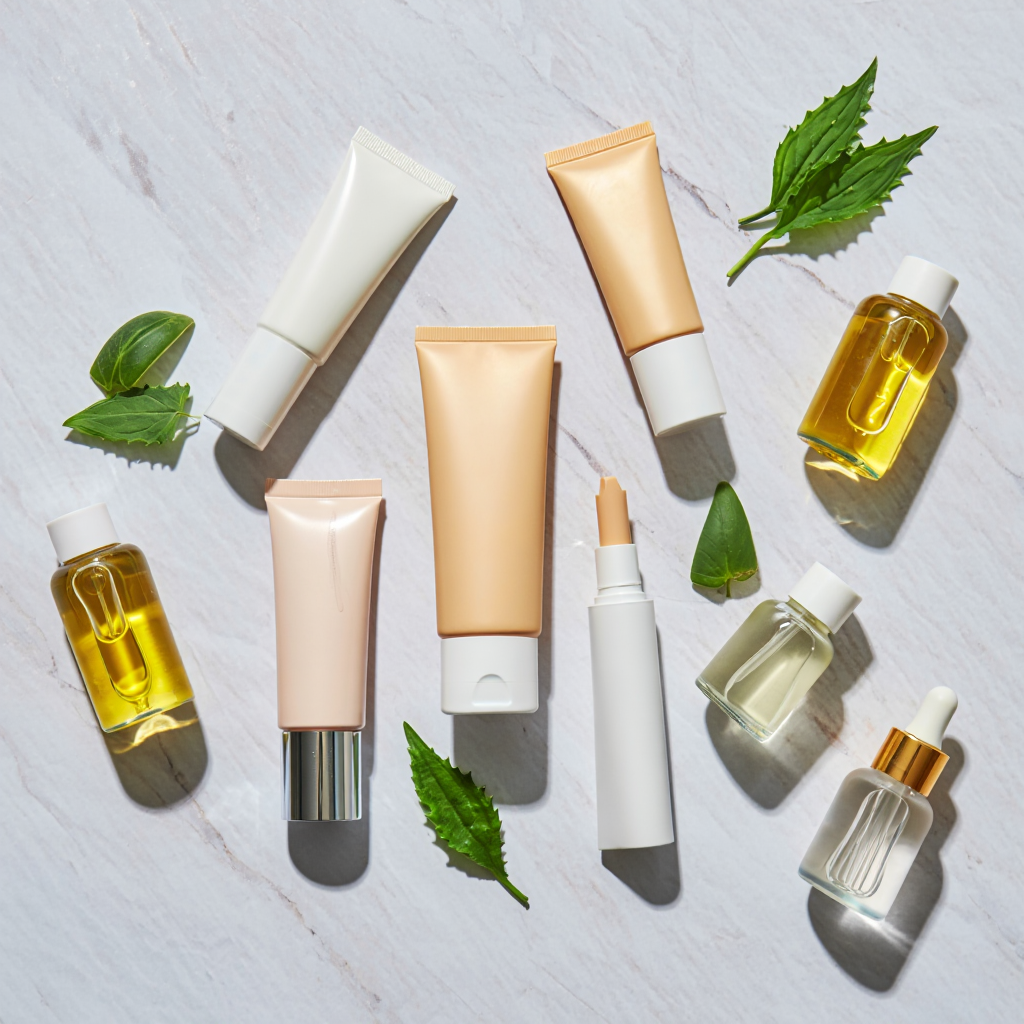 Bb and cc cream tubes with skincare ingredients, highlighting care and tone