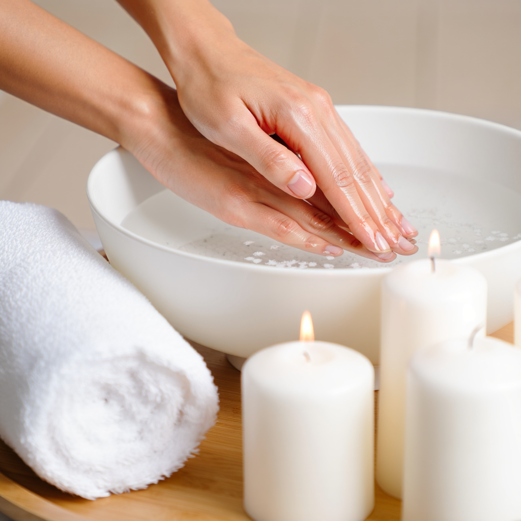 Hands soaking before manicure at home