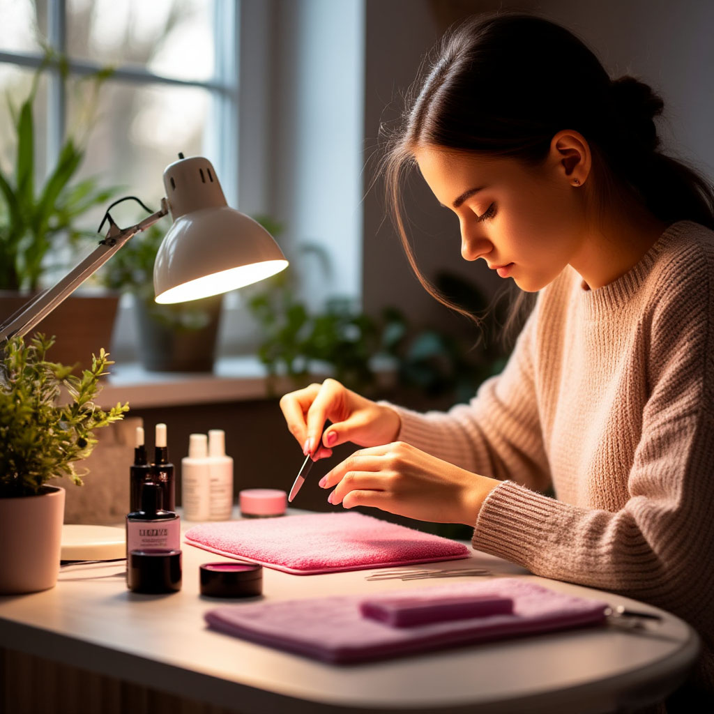 Woman doing manicure at home at desk